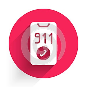 White Telephone with emergency call 911 icon isolated with long shadow. Police, ambulance, fire department, call, phone