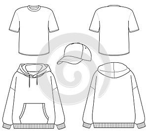 white template sweatshirt t-shirt baseball cap logo design blank style set hoodie back front clothing hood isolate