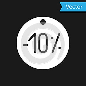 White Ten discount percent tag icon isolated on black background. Shopping tag sign. Special offer sign. Discount