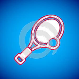 White Tennis racket with ball icon isolated on blue background. Sport equipment. Vector