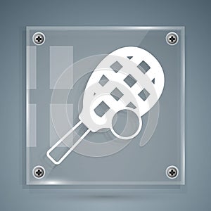 White Tennis racket with ball icon isolated on grey background. Sport equipment. Square glass panels. Vector