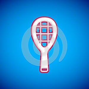 White Tennis racket icon isolated on blue background. Sport equipment. Vector