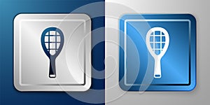 White Tennis racket icon isolated on blue and grey background. Sport equipment. Silver and blue square button. Vector