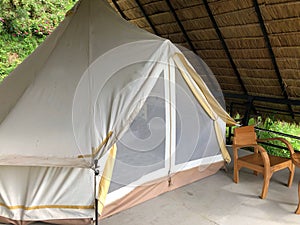 White tent for 2 persons with thatch roof for adventure in the jungle