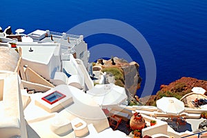 White terrace resorts and sea, Oia , Santorini island, Greece.