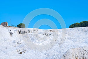 White terraces with turquoise thermal water pools