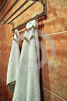 White terry towels hangs in the bathroom on the hanger.