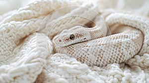 A white Texas snake is lying in a knitted plaid