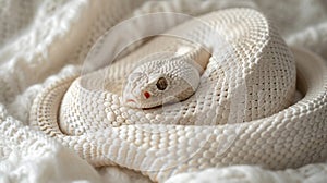 A white Texas snake is lying in a knitted plaid