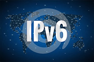 White text IPv6 on world map blue background.