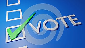 White text vote with green check correct sign in white blank box isolated on blue background, 3d rendering. general election