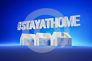 A white textblock ` STAYATHOME` above model houses in front of blue background