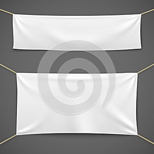 White textile banners. Blank fabric flag hanging canvas sale ribbon horizontal template advertising cloth banner set