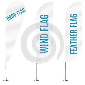 White textile drop, wind and feather banner flags. Banner flag mockups set. Set of vector advertising mockups