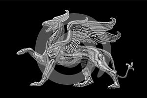 White textured embroidery griffin textile patch design. Fashion decoration ornament fabric print. Monochrome on black