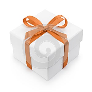 White textured gift box with orange ribbon bow