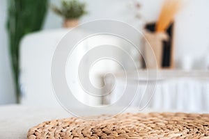 White textured kitchen in the style of shabby. A large table in an ecological style and loft style. Rustic shelves, napkins, old r