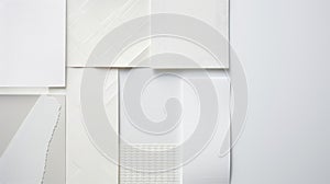 A white textured wall with various patterns and panels. The wall is made up of different sized papers panels with