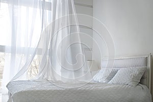 White themed bed sheets and white curtain in the morning, bedroom interior photo