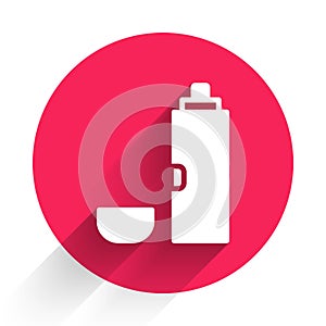 White Thermos container icon isolated with long shadow background. Thermo flask icon. Camping and hiking equipment. Red