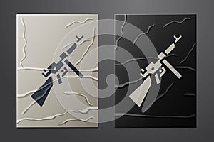 White Thompson tommy submachine gun icon isolated on crumpled paper background. American submachine gun. Paper art style