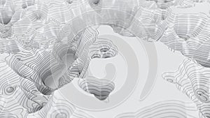 White three-dimensional topographic map. Contour lines on a topographic map. Studying the geography of the area: hills