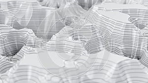 White three-dimensional topographic map. Contour lines on a topographic map. Studying the geography of the area: hills