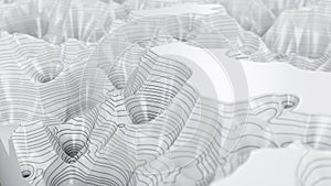 White three-dimensional topographic map. Contour lines on a topographic map. Studying the geography of the area: hills