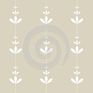 White three leaves flowers different size with line between on beige background seamless vintage pattern wallpaper