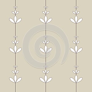 White three leaves flowers different size with line between on light-brown background seamless vintage pattern wallpaper