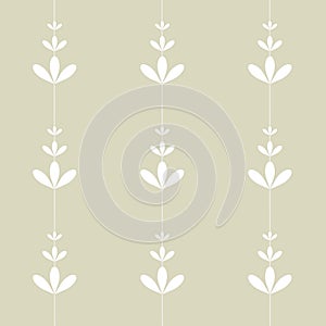 White three leaves flowers different size with line between on light-green background seamless vintage pattern wallpaper