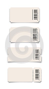 White ticket or coupon with barcode templates set isolated on white background. Vector design elements.