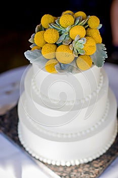 White tiered wedding cake at a wedding reception