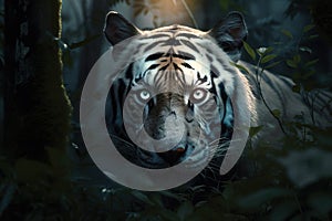a white tiger with blue eyes in a forest with trees and leaves in the foreground and a bright light shining on the