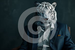 a white tiger in a business suit, business man sitting with the head of a tiger, portrait of a tiger businessman, sitting tiger