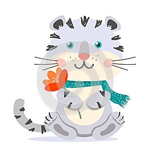 White tiger character with flower vector clipart