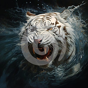 a white tiger emerges in high light, its sharp teeth glinting underwater, showcasing drenched fur with dark white and amber hues.