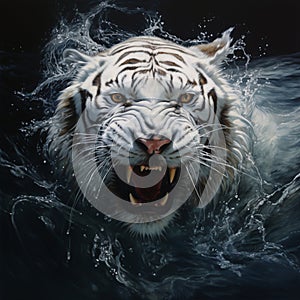 a white tiger emerges in high light, its sharp teeth glinting underwater, showcasing drenched fur with dark white and amber hues.