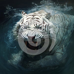 a white tiger emerges in high light, its sharp teeth glinting underwater, showcasing drenched fur with dark white and amber hues.
