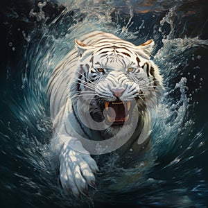 a white tiger emerges in high light, its sharp teeth glinting underwater, showcasing drenched fur with dark white and amber hues.