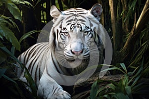 White tiger. Free wild tiger in natural habitat in the forest. Proud look. Strength and power of a wild beast. Noble