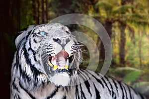 The white tiger growls. big canines