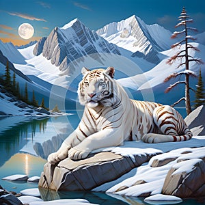 white tiger lounging serenely atop a rugged snow blanketed boulder precariously