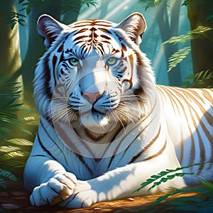 white tiger lounging serenely atop a rugged snow block ai generated by ai