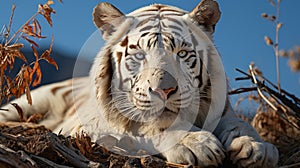 White tiger lying down. Generative AI.