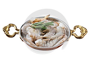 White tiger shrimps, raw prawns in a skillet with rosemary. Isolated on white background. Top view.