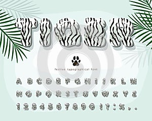 White tiger skin 3D cartoon font. Animal fur stripes print alphabet. Decorative letters and numbers. Vector