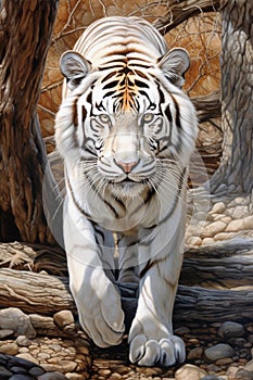 white tiger standing and sitting on white background, precisionist style