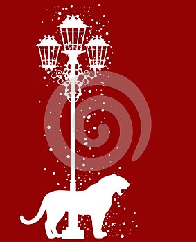 White tiger  under winter snowfall by city street light vector silhouette
