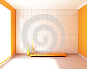 White tiled and orange walls.